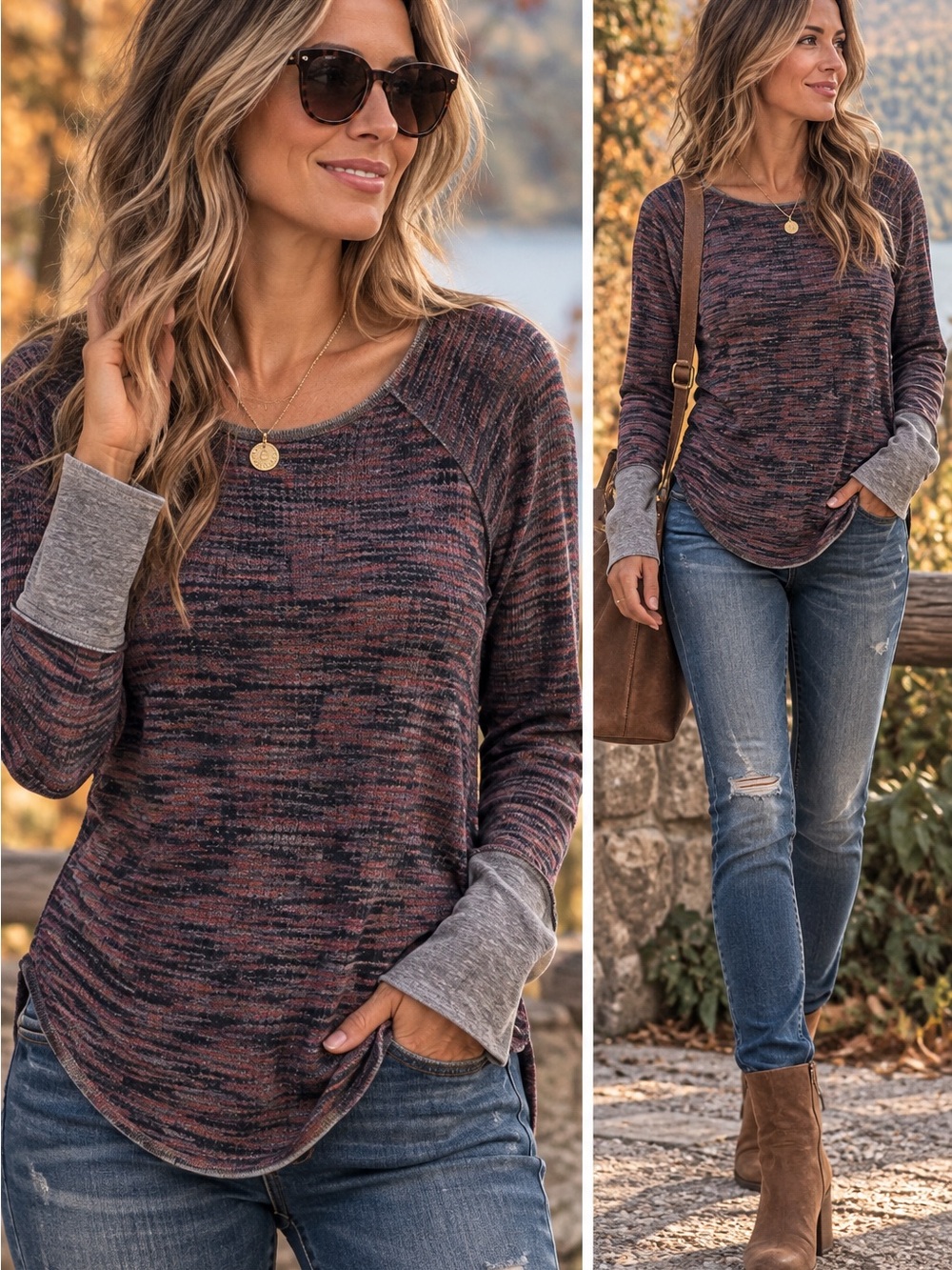 We The Free Marled Long-Sleeve Pullover in Burgundy and Charcoal